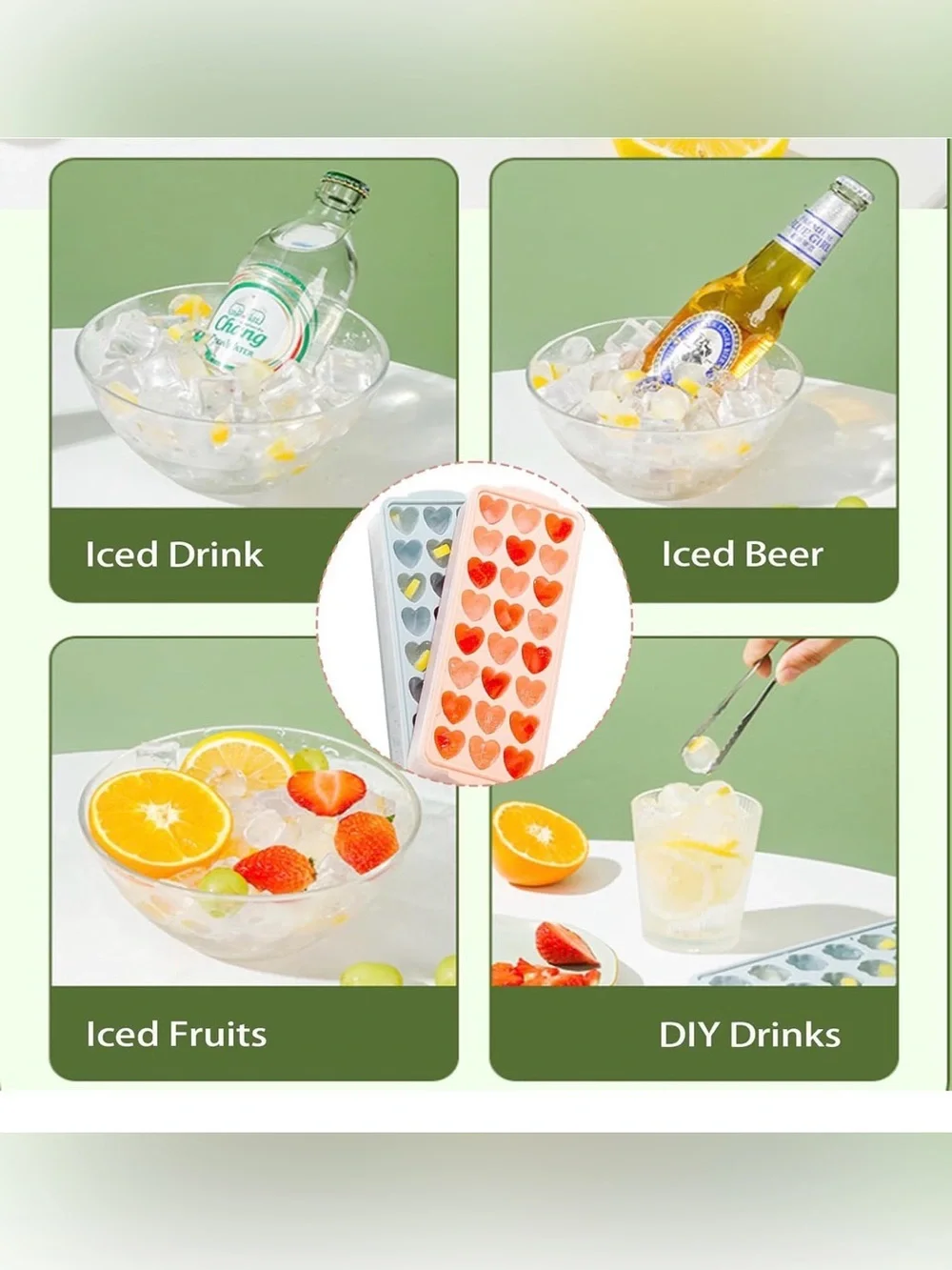 0099: 2 Pack Heart Shape Ice Cube Trays Set with Lid and Bin - Coral & Gray